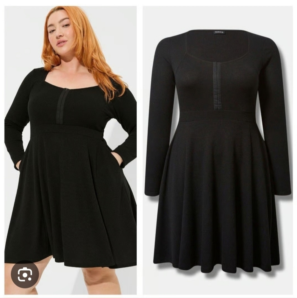 Torrid Elegant Black Long Sleeve Skater Waffle Dress